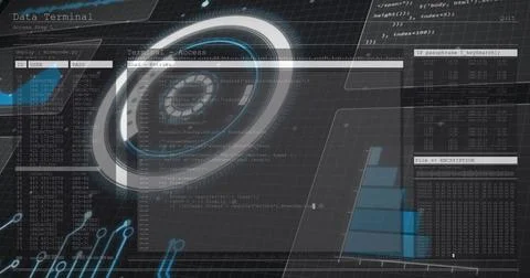 Image of scope scanning and data processing over screens and grid 스톡 일러스트
