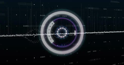 Image of scope scanning and data processing over purple background Illustrazione stock