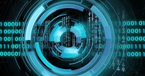 Image of scope scanning and data processing over black background 스톡 일러스트