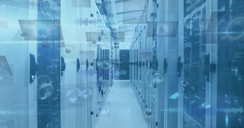 Image of scope scanning and data processing on screens over computer servers 写真素材