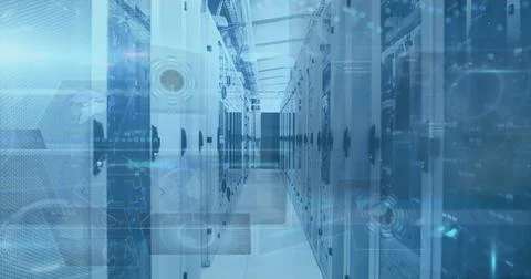 Image of scope scanning and data processing on screens over computer servers Stock Photos