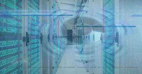 Image of scope scanning and data processing over tech room with computer servers Stock Photos