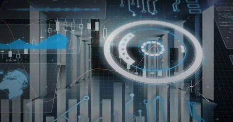 Image of scope scanning and data processing over tech room with computer servers Foto stock