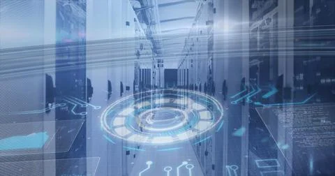 Image of scope scanning and data processing over tech room with computer servers Stock Photos