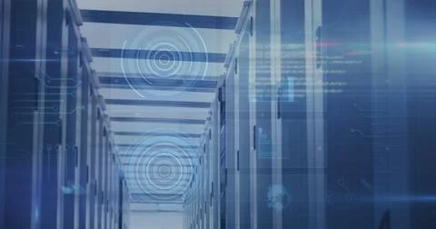 Image of scope scanning and data processing over tech room with computer servers 스톡 사진