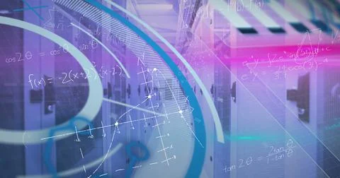 Image of scope scanning and data processing over man in vr headset working in Stock Photos