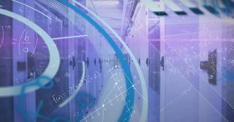 Image of scope scanning and data processing over man in vr headset working in Stock Photos