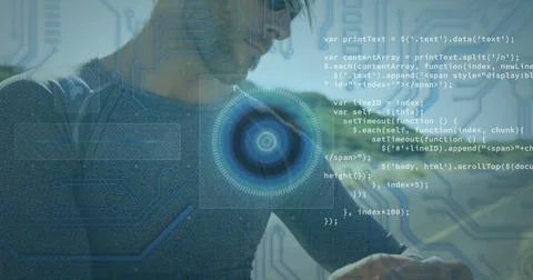 Image of scope scanning and data processing over man checking smartwatch Stock Photos