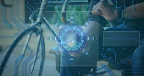 Image of scope scanning and data processing over man using smartphone and Stock Photos