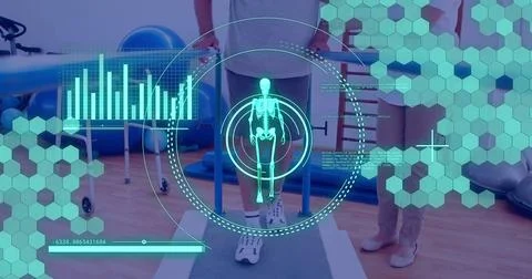 Image of scope scanning and data processing over caucasian man with Foto stock