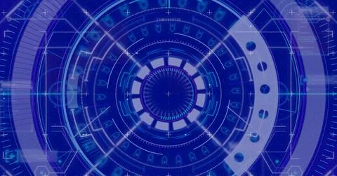 Image of scope scanning and data processing on blue background Stock Photos