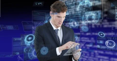 Image of scope scanning and data processing over man using tablet 写真素材