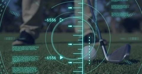Image of scope scanning and data processing over caucasian man playing golf Stock Photos