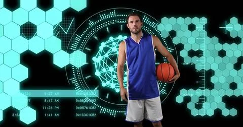 Image of scope scanning and data processing with shapes over caucasian man with Stock Photos