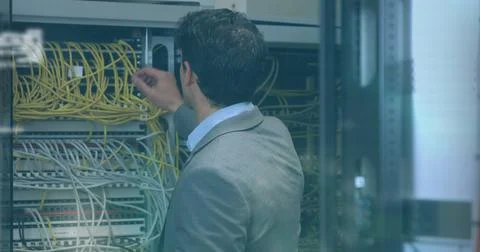 Image of scope scanning and data processing over caucasian it man fixing Stock Photos