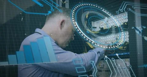Image of scope scanning and data processing over caucasian it man fixing Stock Photos