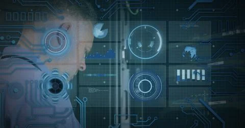 Image of scope scanning and data processing over caucasian it man fixing Stock Photos