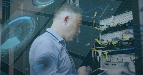 Image of scope scanning and data processing over caucasian it man fixing 写真素材