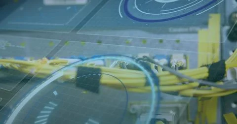 Image of scope scanning and data processing over cables in computer server Stockfoto's