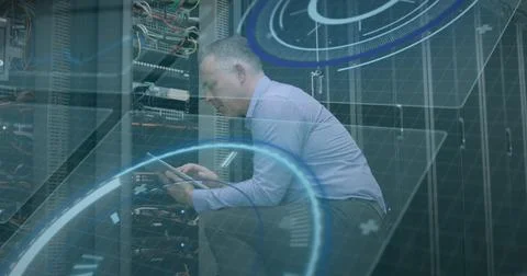 Image of scope scanning and data processing over caucasian it man fixing Stock Photos