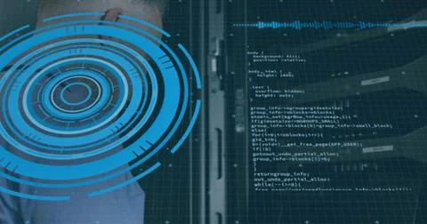 Image of scope scanning and data processing over caucasian it man fixing Foto stock