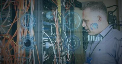 Image of scope scanning and data processing over caucasian it man fixing Foto stock
