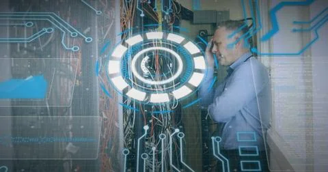 Image of scope scanning and data processing over caucasian it man fixing 写真素材
