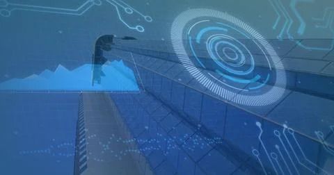 Image of scope scanning and data processing with processor elements over modern Stock Photos