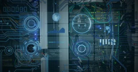 Image of scope scanning and data processing over empty office Stock Photos