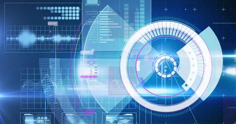 Image of scope scanning and data processing over grid and screens Stock Photos