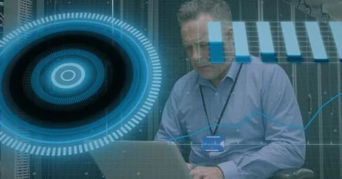 Image of scope scanning and data processing over caucasian male it technician by Foto stock