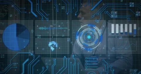 Image of scope scanning and data processing over caucasian male it technician by Stock Photos