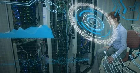 Image of scope scanning and data processing over man wearing vr headset 写真素材