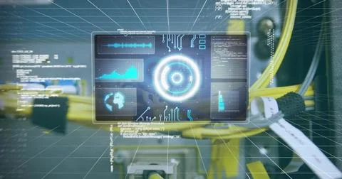 Image of scope scanning and data processing over cables of computer server Foto stock