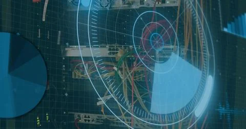 Image of scope scanning and data processing over cables of computer server Foto stock