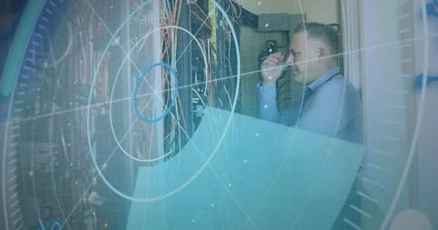 Image of scope scanning and data processing over caucasian it man computer Stock Photos