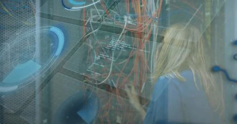 Image of scope scanning and data processing over caucasian it woman computer Stock Photos