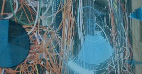 Image of scope scanning and data processing over cables in computer server Stockfoto's