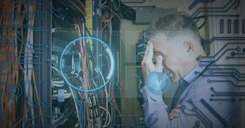 Image of scope scanning and data processing over caucasian it man computer 写真素材