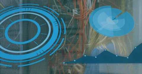 Image of scope scanning and data processing over caucasian it woman computer 스톡 사진