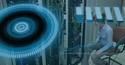 Image of scope scanning and data processing over caucasian it woman computer Stock Photos