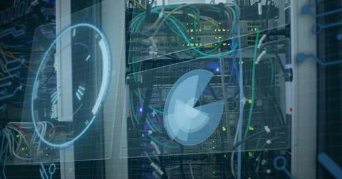 Image of scope scanning and data processing over cables in computer server Stock Photos