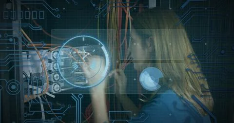 Image of scope scanning and data processing over caucasian it woman computer Stock Photos