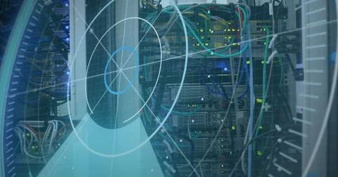 Image of scope scanning and data processing over cables in computer server Foto stock