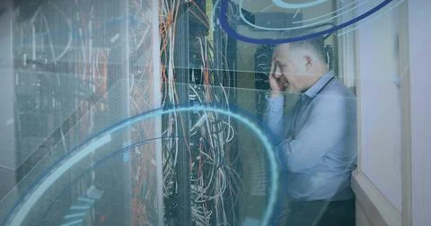 Image of scope scanning and data processing over caucasian it man computer Stockfoto's