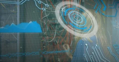 Image of scope scanning and data processing over caucasian it woman computer Stock Photos