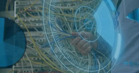 Image of scope scanning and data processing over cables in computer server Stock Photos