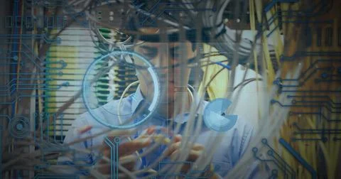 Image of scope scanning and data processing over caucasian it man computer 스톡 사진