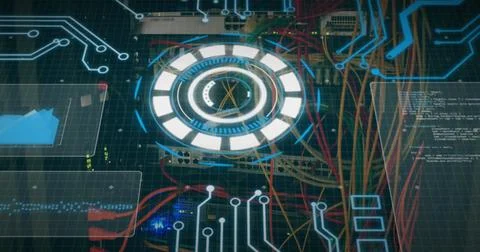 Image of scope scanning and data processing over cables in computer server Stock Photos