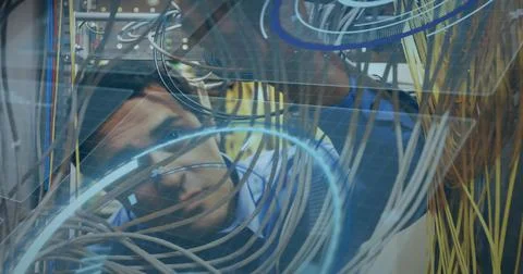 Image of scope scanning and data processing over caucasian it man computer Foto stock